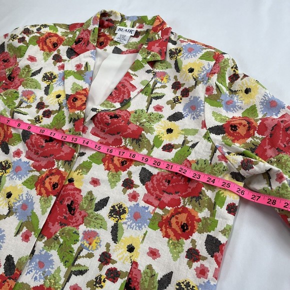 Vintage 90s Jacket Blazer Blair Womens 2XL Faux Stitch Floral Open Front Pockets - Picture 7 of 11